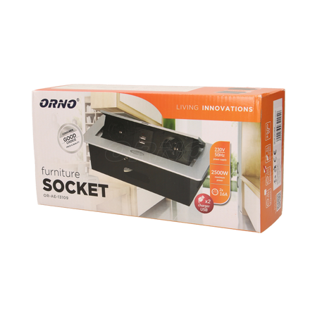 ORNO Gniazda wpuszczane w blat 2 x 2p+Z z płaskim frezowanym rantem i ładowarką USB, czarne OR-AE-13109/B